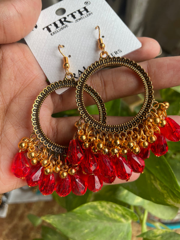 Gold Round Shape Jhumka Bezel : Red